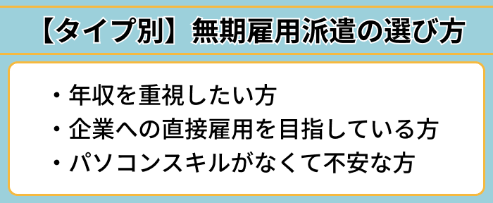 【タイプ別】無期雇用派遣の選び方のイラスト